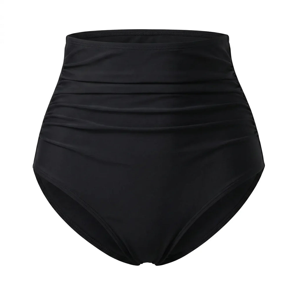 Culotte taille haute bikini gainant Elya noir — packshot produit fronces effet ventre plat