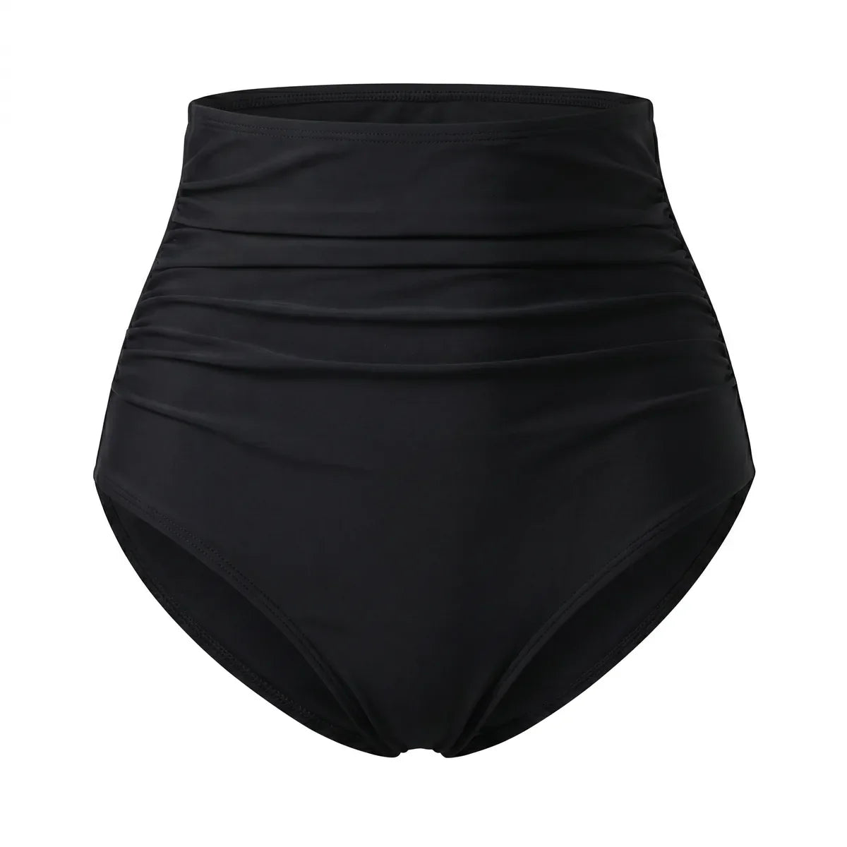Culotte taille haute bikini gainant Elya noir — packshot produit fronces effet ventre plat