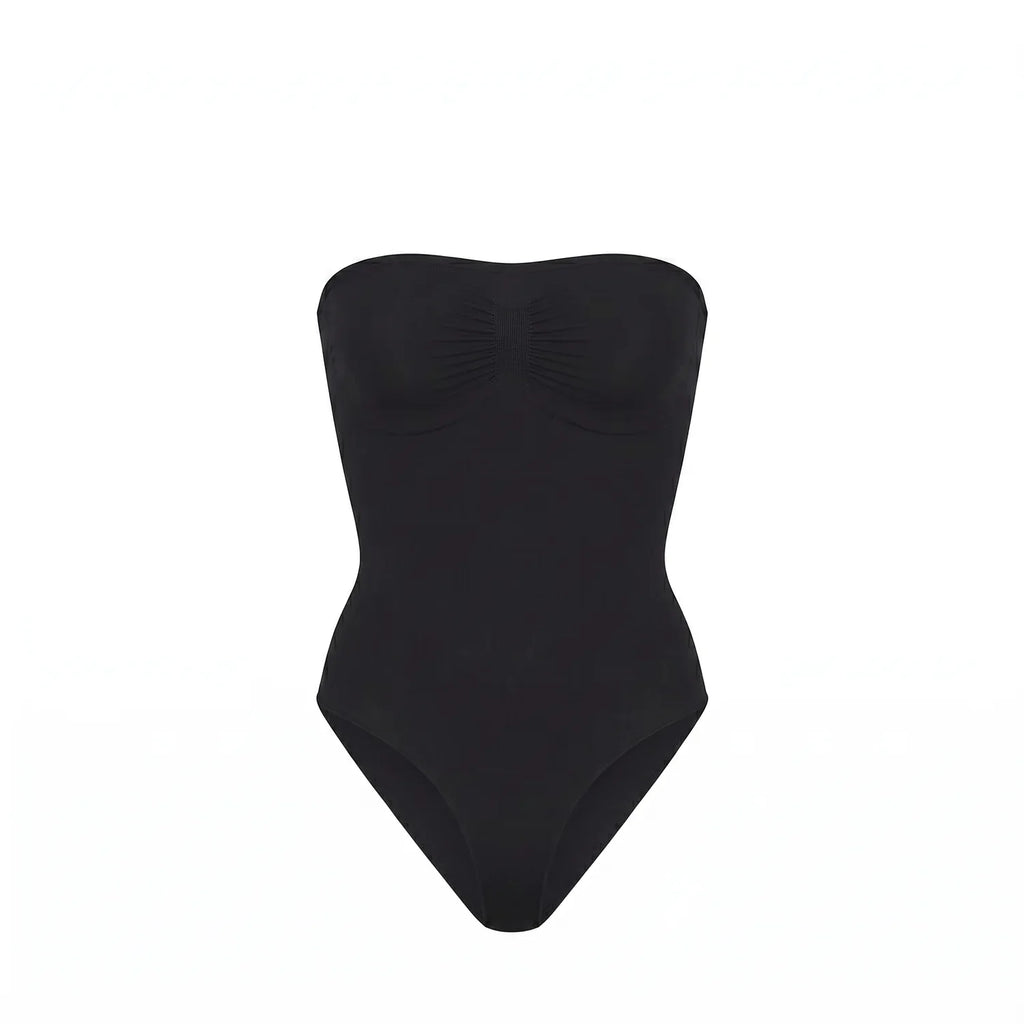 Body bustier gainant noir packshot — sans bretelles, bande silicone, finition seamless