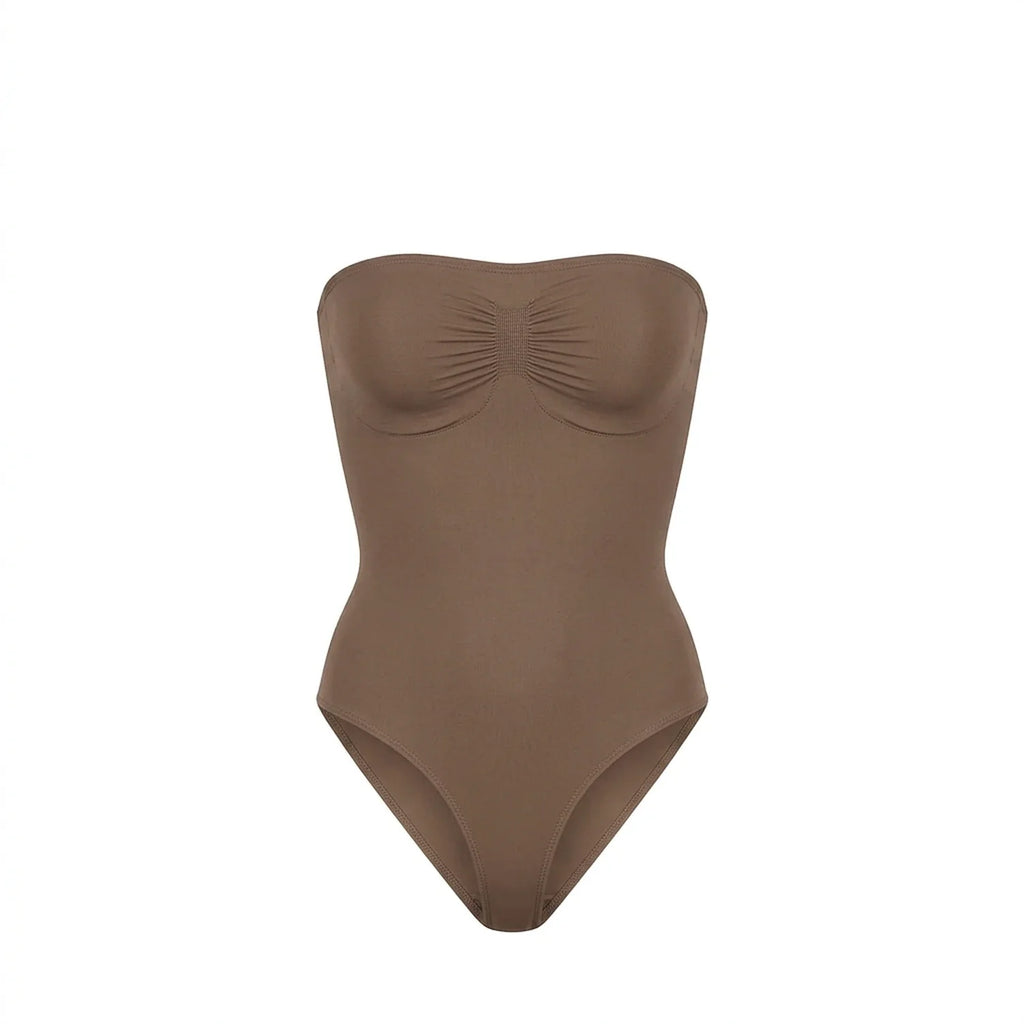 Body bustier gainant taupe packshot — sans bretelles, bande silicone, finition seamless