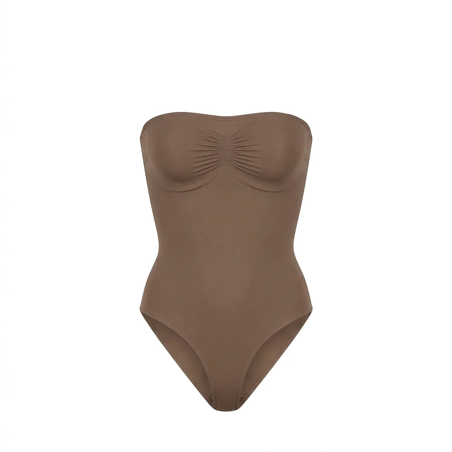 Body bustier gainant taupe packshot — sans bretelles, bande silicone, finition seamless