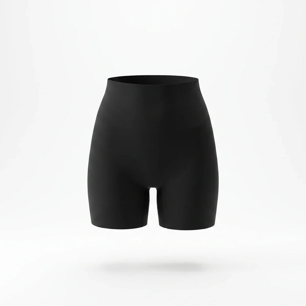 Panty gainant invisible femme — packshot produit, short mi-cuisse noir, finition seamless invisible